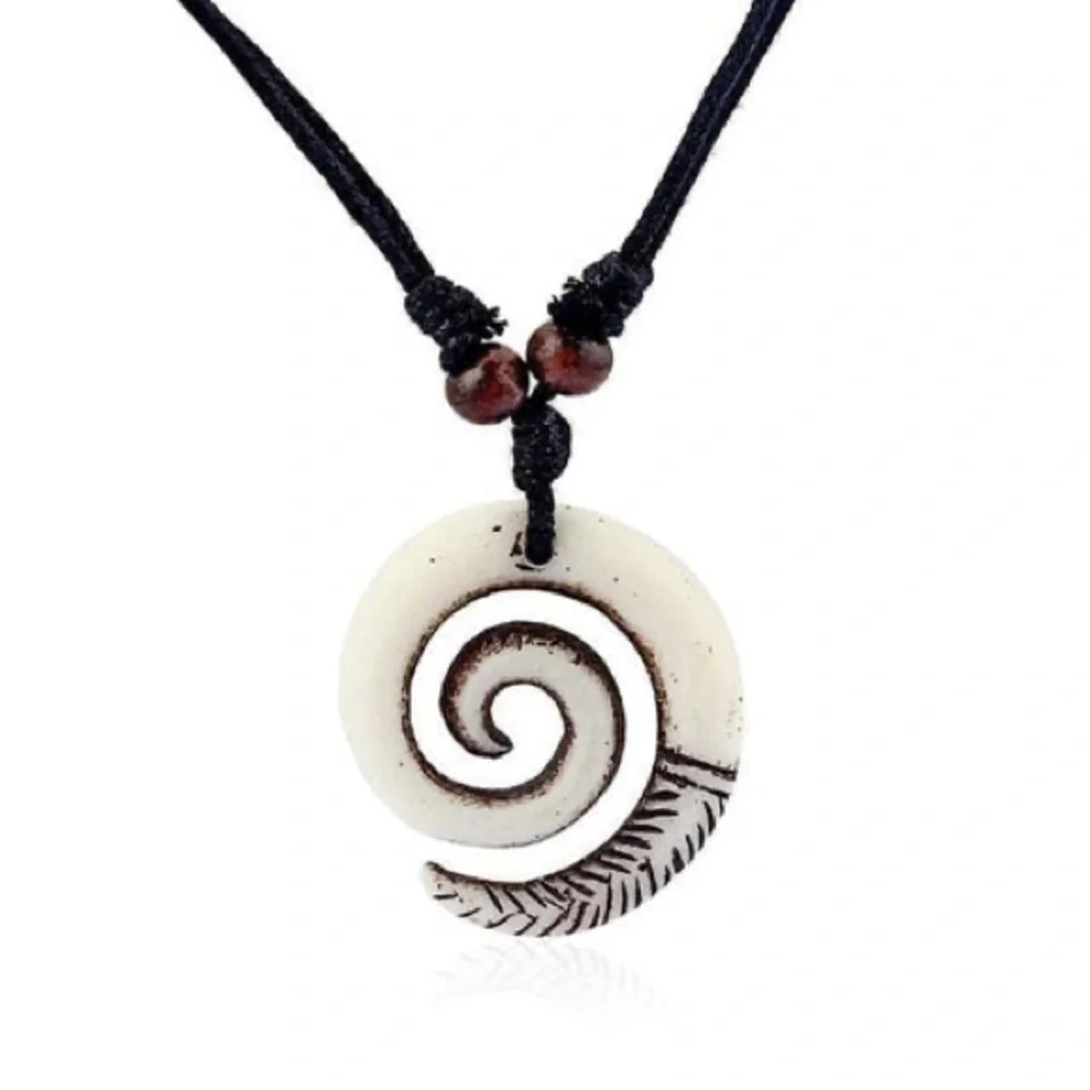 New Handmade Boho Hawaiian Tribal Engraved Spiral Helix Hook Pendant Necklace